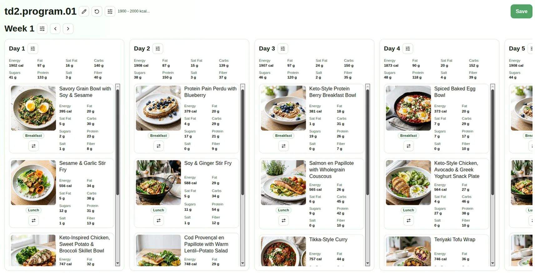 MealIQ weekly meal plan for program td2.program.01: one column per day, each listing generated meals with photos, energy and macronutrients and a swap button.